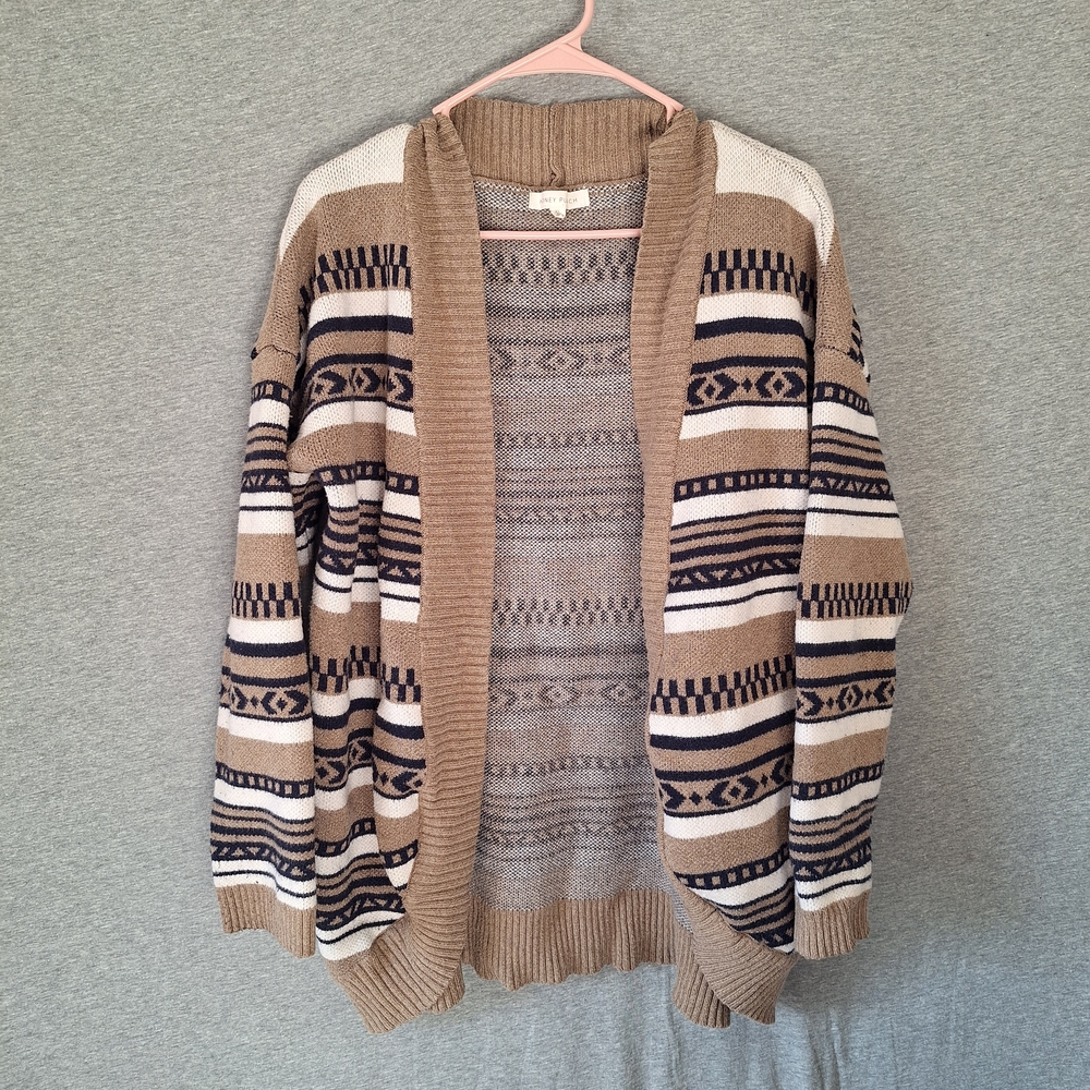 Honey Punch Drop Shoulder Open Front Chunky Knit Cardigan Geometric Stripes XL